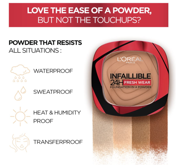 L'Oreal Paris Infallible 24H Fresh Wear Foundation in a Powder, Transferproof, Ivoire Ivory 20(9 g) - Image 2